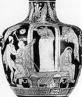 Niobe being turned to stone. Detail from South Italian red-figure clay vase c. mid 4th century BC. Sydney. Nicholson Museum of Antiquities 71.01