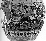 Diomedes attacks sleeping Rhesos. Detail from Chalcidian amphora. Malibu. J.Paul Getty Museum 96.AE.1.