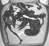 Eos carries Memnon. Detail from Athenian black-figure clay vase, about 525-475 BC. New York, Metropolitan Museum 1956.171.25. Fletcher Fund. Photo. Mus. 162057 B.