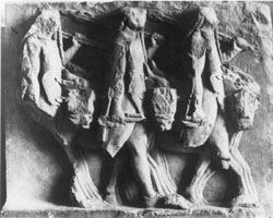 Idas and the Dioskouroi. Limestone metope from Sicyonian treasury at Delphi. John Boardman <I>Greek Sculpture. The Archaic Period</I> Fig 208.2